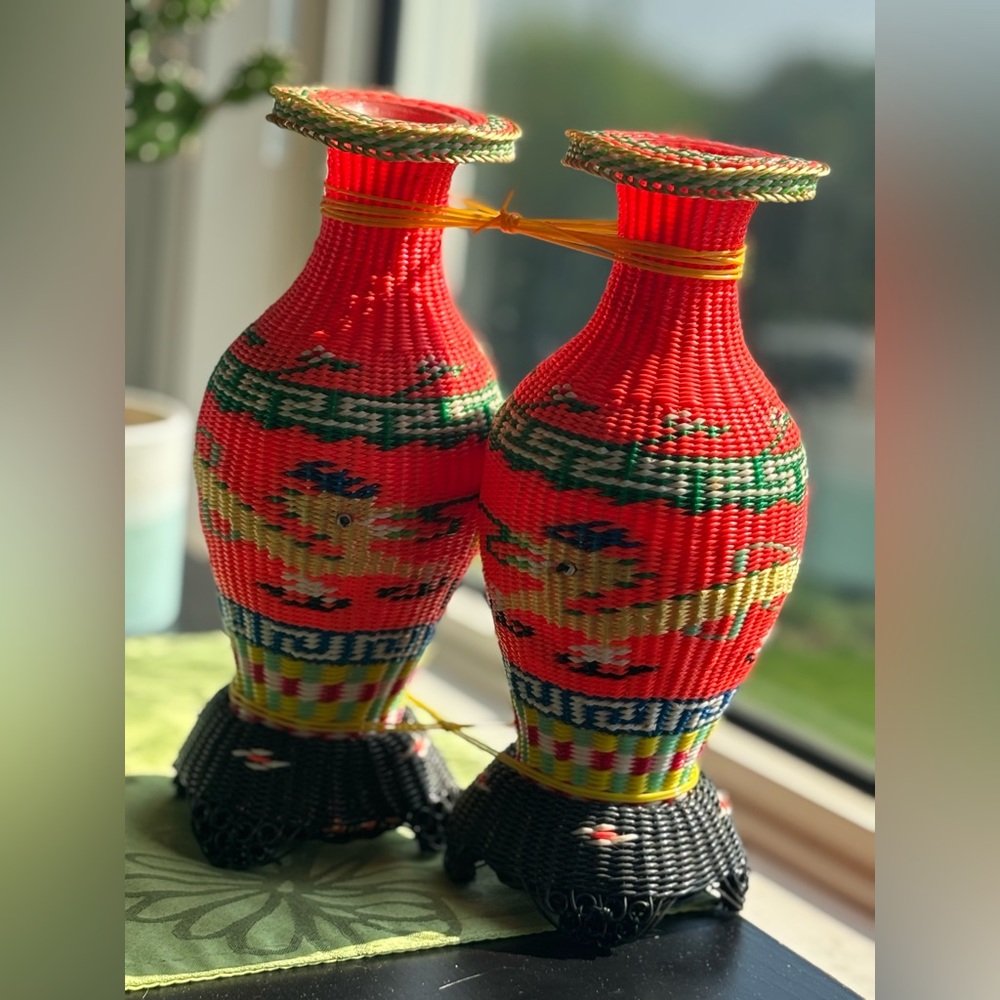 Vintage 1960s Chinese dragon Woven Plastic Covered Glass Vase Kitsch 10” tall